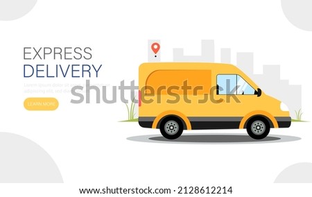 Web banner for delivery. Van with the goods goes to the address. Delivery service concept. Vector illustration.