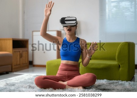 Similar – Image, Stock Photo Sportswoman in headset using social media on smartphone after workout