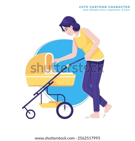 mother with baby trolley cute cartoon character