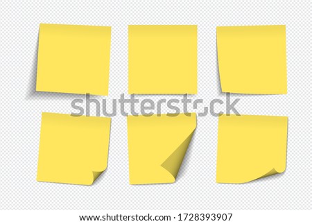Realistic yellow sticky notes isolated with real shadow on white background. Square sticky paper reminders with shadows, paper page mock up. 