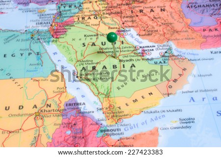 A map with a green map pin placed at Riyadh, Saudi Arabia