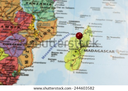 Map showing Madagascar with a map pin in Antananarivo.