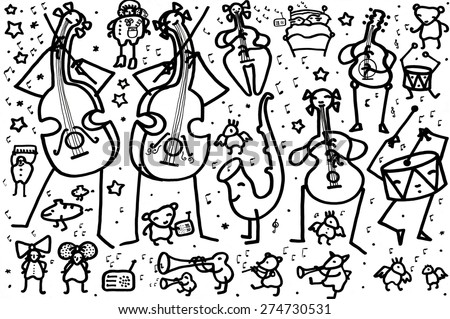 Music. Hand made ink drawing on paper. Happy fantasy characters for table placemat, wallpaper or fabric.