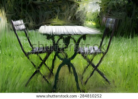 Absence. Two empty chairs and a table in a garden. Hand digital manipulation like old instant film manipulation technique.