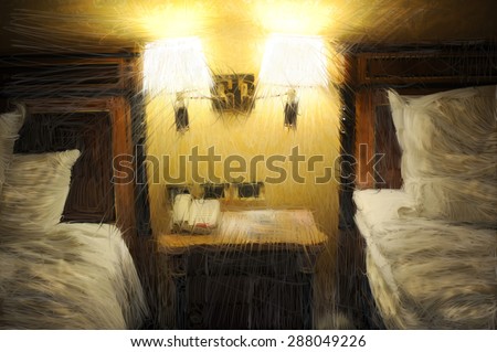Hotel room. Abat-jours lightened twin beds. Hand digital manipulation like old instant film manipulation technique