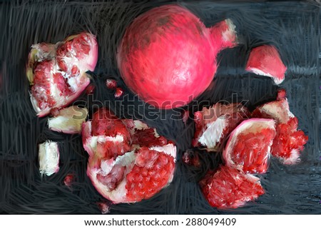 Pomegranate. Smashed pomegranate on a blackboard background. Hand digital manipulation like old instant film manipulation technique