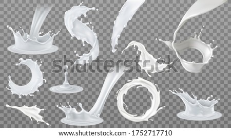 Set of realistic milk splashes of various shape with drops isolated on transparent background vector illustration.