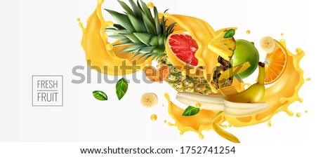 Fruit burst background. Splash of juice. Sweet tropical fruits and mixed  Orange, mango, banana, pineapple. 3d vector realistic set.