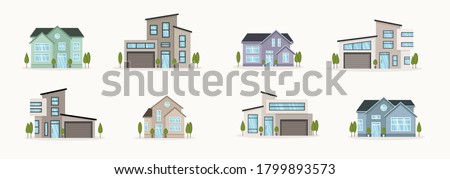 Houses exterior vector illustration front view with roof. Modern. Townhouse building apartment. Home façade with doors and windows. Real estate business concept. Façade apartment house, cottage.
