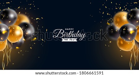 Vector happy birthday horizontal illustration on blue background with 3d realistic golden and black air balloon with text and glitter confetti. Holiday design for greeting card. party banner design