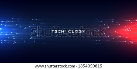 Abstract technology horizontal motion style concept. Particle connection background design with red and blue lights. vector illustration.