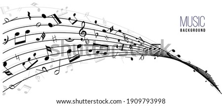 Abstract music notes on line wave background. Black G-clef and music notes isolated vector illustration. Can be adapt to Brochure, music notes, Magazine, Poster, Corporate Presentation.