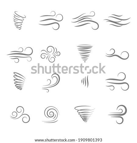 Wind weather and environment, nature icon set. Natural movement of the air symbols. Vector line art illustration isolated on white background.