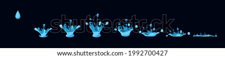 Water splash sequence animation sprite sheet for motion graphic . Dripping effect with drops in realistic shape with liquid aqua dynamic splashing. Vector illustration.