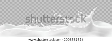 Realistic white milk splash flowing yogurt cream isolated on transparent background. 3d realistic yogurt wave border. Vector milk package design.