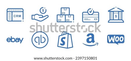 Blue-lined icon set for business: CRM, payroll, inventory, payment integration, bank, eBay, QuickBooks, Shopify, Amazon, and WooCommerce. Streamline your visuals with this cohesive collection.