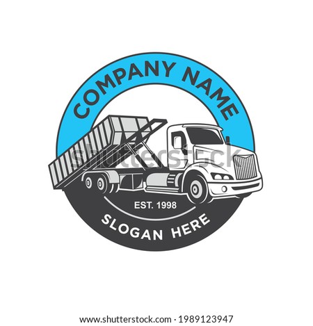 llustration of Roll-off (dumpster) truck, vector art, logo template.