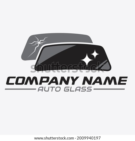 illustration of cracked car windshield and new glass, logo template for auto glass service.