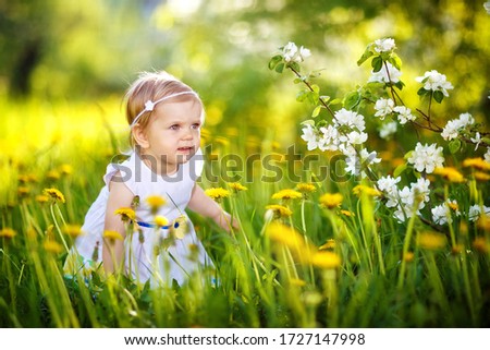 девочка ребенок гуляет весной в саду, яблоня цветет, цветение, май  Сток-фото © 