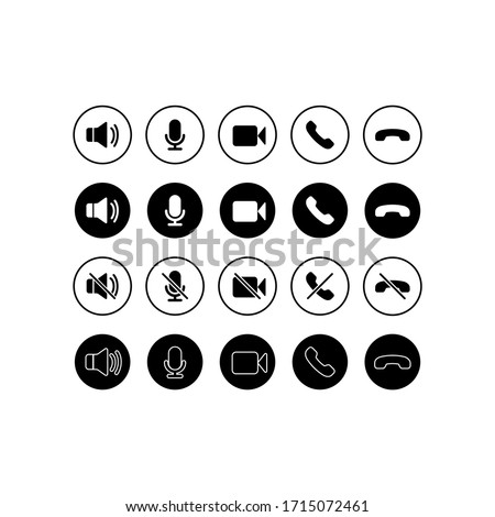 Set of communication icons. Phone, sound, microphone, camera, call symbols on isolated white background for applications, web, app. EPS 10 vector