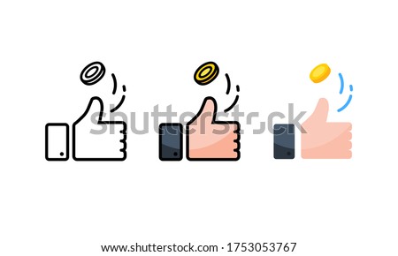 Hand is tossing coin. Heads or tails. Coin flipping icon set on isolated white background. Eps 10 vector