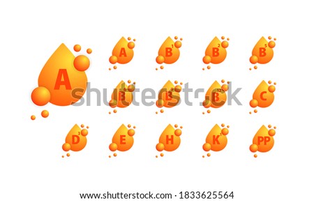 Vitamin icons set. Organic vitamin gold drop. Vitamin A B1 B2 B12 C D3 E H K1 PP. Vitamins group set. Nutrition sign vector concept. Vector. EPS 10