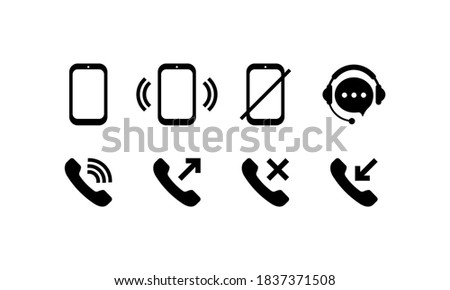 Calling phone icon set in black. Incoming, outcoming, decline and missed call. Vector on isolated white background. EPS 10