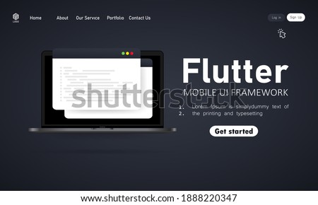 Learn to code Flutter Mobile UI Framework on laptop screen, programming language code illustration. Vector on isolated white background. EPS 10