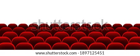 Cinema auditorium with screen and red seats. Movie time. Vector on isolated background. EPS 10