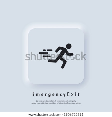 Emergency exit icon. Fire door, safe way, escape. Fire exit. Vector. Neumorphic UI UX white user interface web button. Neumorphism Foto stock © 