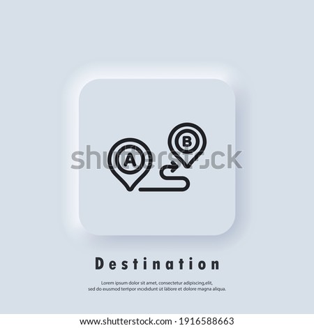 Travel navigation line icon. Track distance. Destination icon. Route location. Map Location. Vector EPS 10. UI icon. Neumorphic UI UX white user interface web button. Neumorphism