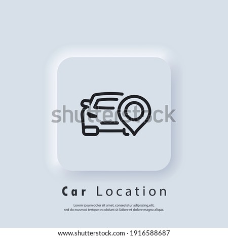 Rent car logo. Car location pin icon. Geolocation auto. Vector EPS 10. UI icon. Neumorphic UI UX white user interface web button. Neumorphism