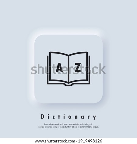 Dictionary icon. Glossary. Badge with book. Dictionary logo. Library icon. Vector EPS 10. UI icon. Neumorphic UI UX white user interface web button. Neumorphism