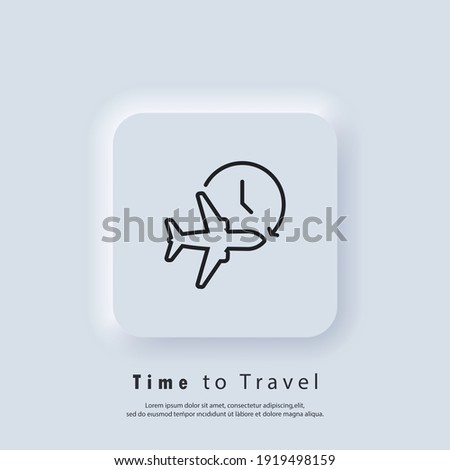 Time to travel logo. Flight time icon. Travel icon. Travel plane symbol, logo. Timer and airplane icon. Vector EPS 10. UI icon. Neumorphic UI UX white user interface web button. Neumorphism