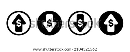 Dollar appreciation icon set. Money symbol with a stretching up and down arrow. The business cost of selling. Increase in wages. Investment growth. Vector on isolated background. EPS 10.