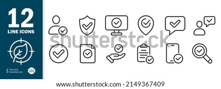 Set of check marks icons. Correspondence with a person. Finding the right answer. Checkmark in shield, monitor, phone and magnifier. vector eps 10.