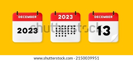 Calendar icon. December. 2023 13 day. The concept of waiting for an important date. Calendar with raised pages. Red calendar isolated on yellow background. 3d vector illustration.