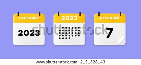 calendar icon. December. 2023 7 day. The concept of waiting for an important date. Calendar with raised pages. Yellow calendar isolated on purple background. 3d vector illustration.