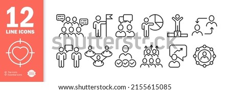 Pictogram set icon. Feedback, feedback, flag, achievement, pie chart, connection, relationship, group of people. Infographic concept. Vector line icon for Business and Advertising