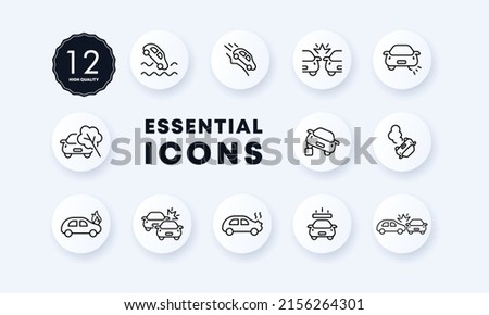 Accident set icon. Descent, accident, serpentine, fire, collision, etc. Traffic rules concept. Neomorphism style. Vector line icon for Business and Advertising