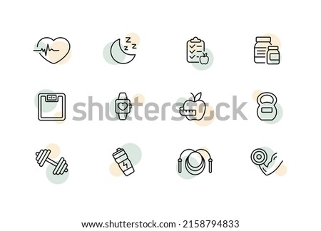 Healthy lifestyle set icon. Healthy sleep, vitamins, pulse, clipboard, apple, kettlebell, dumbbell, jump rope, energy drink. Sport concept. Vector line icon for Business and Advertising