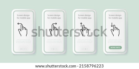 Scrolling set icon. Index finger, arrows left, right, up and down, slider, sensor, paging, mouse, click. Cursor concept. UI phone app screens with people. Vector line icon for Business and Advertising