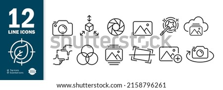 Photography set icon. Camera, lens, 3d object, gallery, landscape, enhancement, cloud storage, cropping, effects, alignment. Work with photo concept. Vector line icon for Business and Advertising