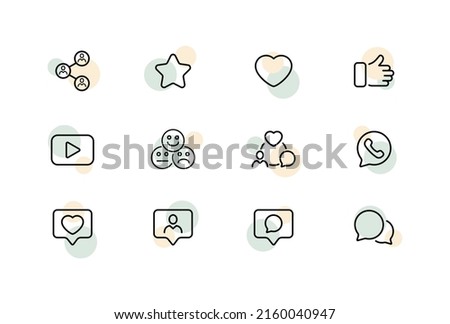 Feedback set icon. Star, thumbs up, emoji, video, heart, like, comment, share, tell friends, review, star, follow, video, media. Mention concept. Vector line icon for Business and Advertising