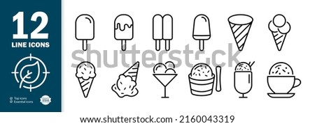Ice cream set icon. Frozen juice, ice cream on a stick, in a plate, balls, ice cream fable, etc. Sweety concept. Vector line icon for Business and Advertising