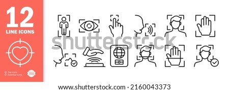 Identification set icon. Biometrics, fingerprint recognition, voice recognition, appearance, nfs, foreign passport, etc. Authentication concept. Vector line icon for Business and Advertising