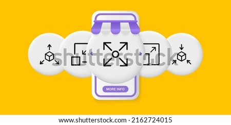 Screen control set icon. 360 degree, 3D, arrows, view from different angles, expand, zoom in, zoom out. Virtual concept. UI phone app screen. Vector line icon for Business and Advertising.