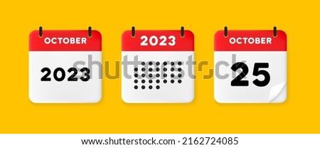 Calendar set icon. Calendar on a yellow background with twenty five october, 2023, 25 number text. Reminder. Date management concept. Vector line icon for Business and Advertising.