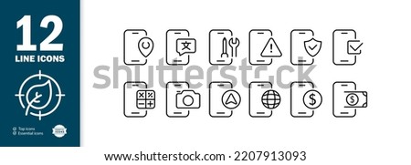 Phone apps set icon. Settings, location pin, banking, geolocation, internet, camera, checkmark, warning, dollar, translator, planet, security system, calculator. Technology concept. Vector line icon.