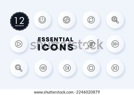 Control buttons set icon. Player, viewer, play, view, stop, pause, rewind, zoom in and out, next, previous. Technology concept. Neomorphism style. Vector line icon for Business and Advertising